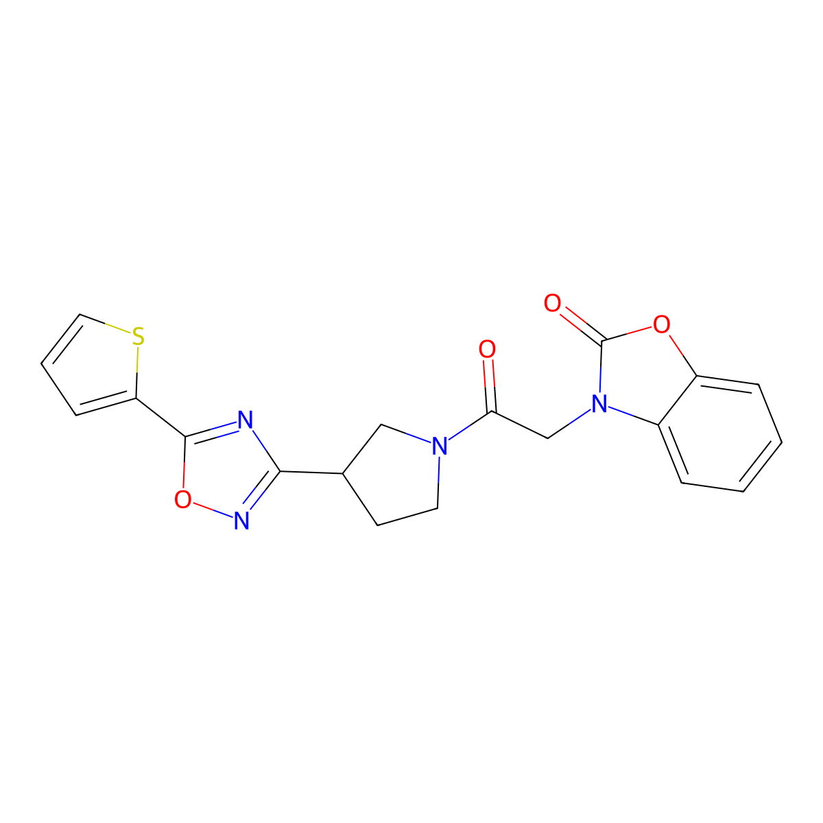 3-(2-oxo-2-(3-(5-(thiophen-2-yl)-1,2,4-oxadiazol-3-yl)pyrrolidin-1-yl)ethyl)benzo[d]oxazol-2(3H)-one molecular structure, CAS 2034278-04-9