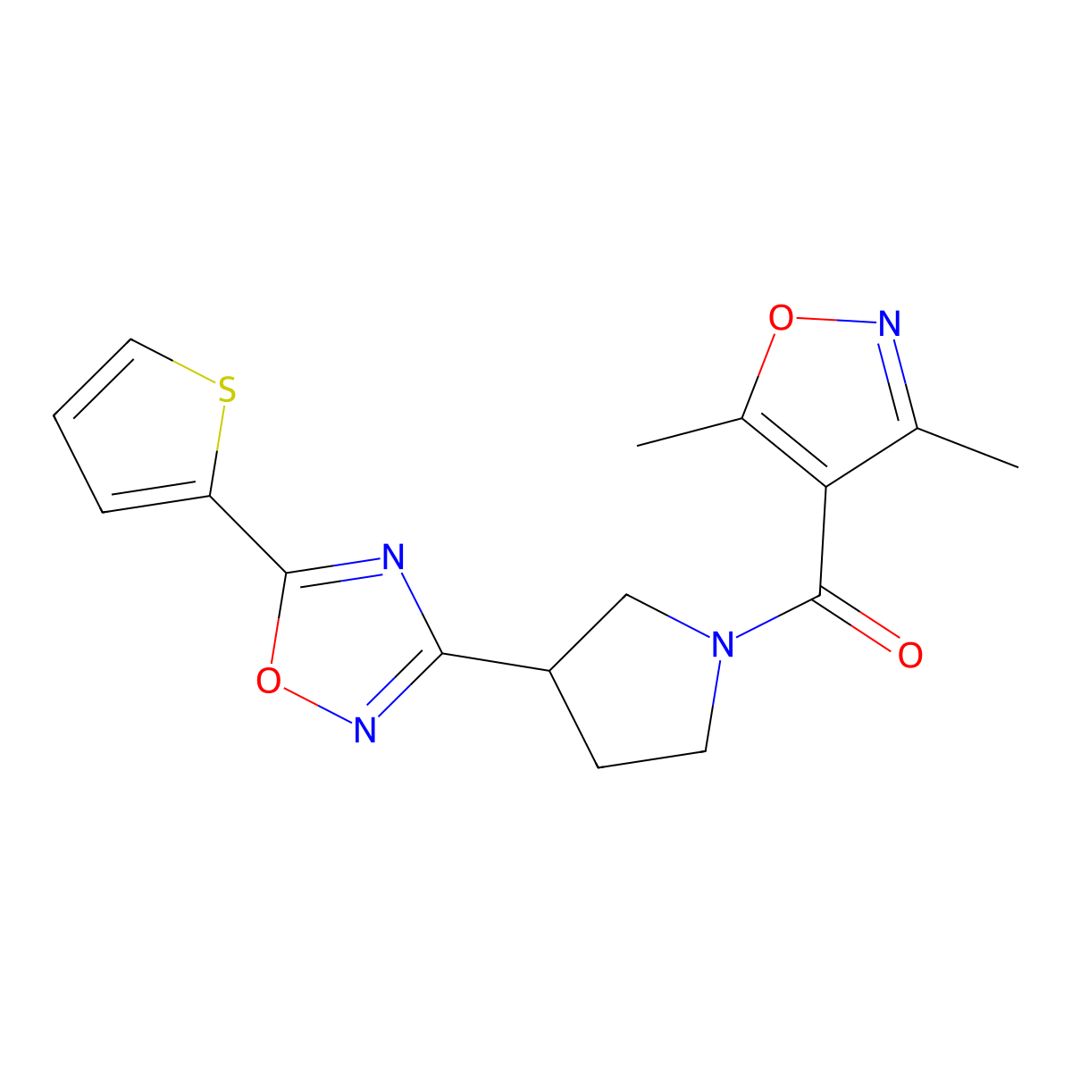 (3,5-Dimethylisoxazol-4-yl)(3-(5-(thiophen-2-yl)-1,2,4-oxadiazol-3-yl)pyrrolidin-1-yl)methanone molecular structure, CAS 2034278-16-3