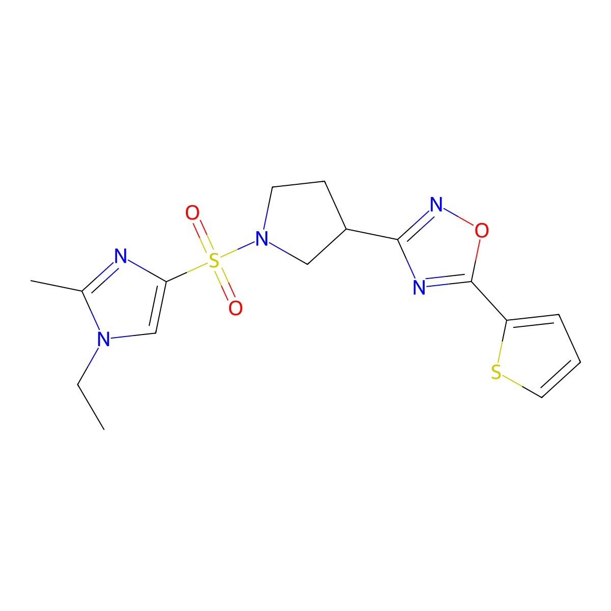 3-{1-[(1-ethyl-2-methyl-1H-imidazol-4-yl)sulfonyl]pyrrolidin-3-yl}-5-(thiophen-2-yl)-1,2,4-oxadiazole molecular structure, CAS 2034278-29-8