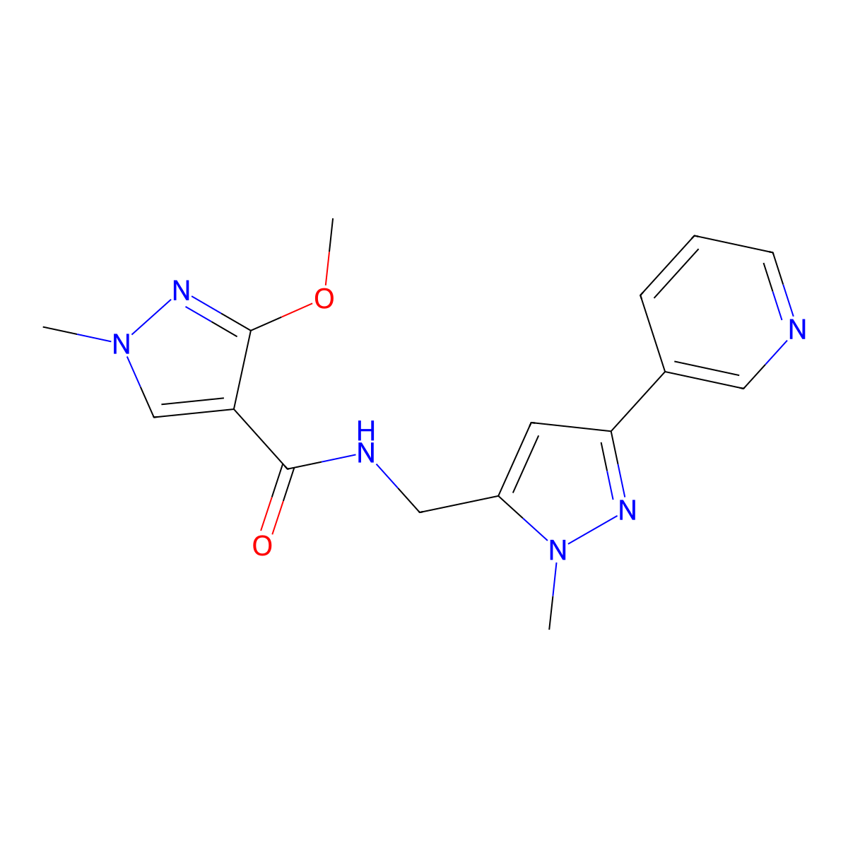 3-methoxy-1-methyl-N-((1-methyl-3-(pyridin-3-yl)-1H-pyrazol-5-yl)methyl)-1H-pyrazole-4-carboxamide molecular structure, CAS 2034278-30-1
