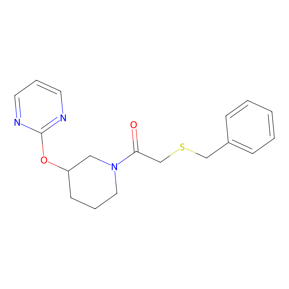 2-(Benzylthio)-1-(3-(pyrimidin-2-yloxy)piperidin-1-yl)ethanone molecular structure, CAS 2034278-31-2