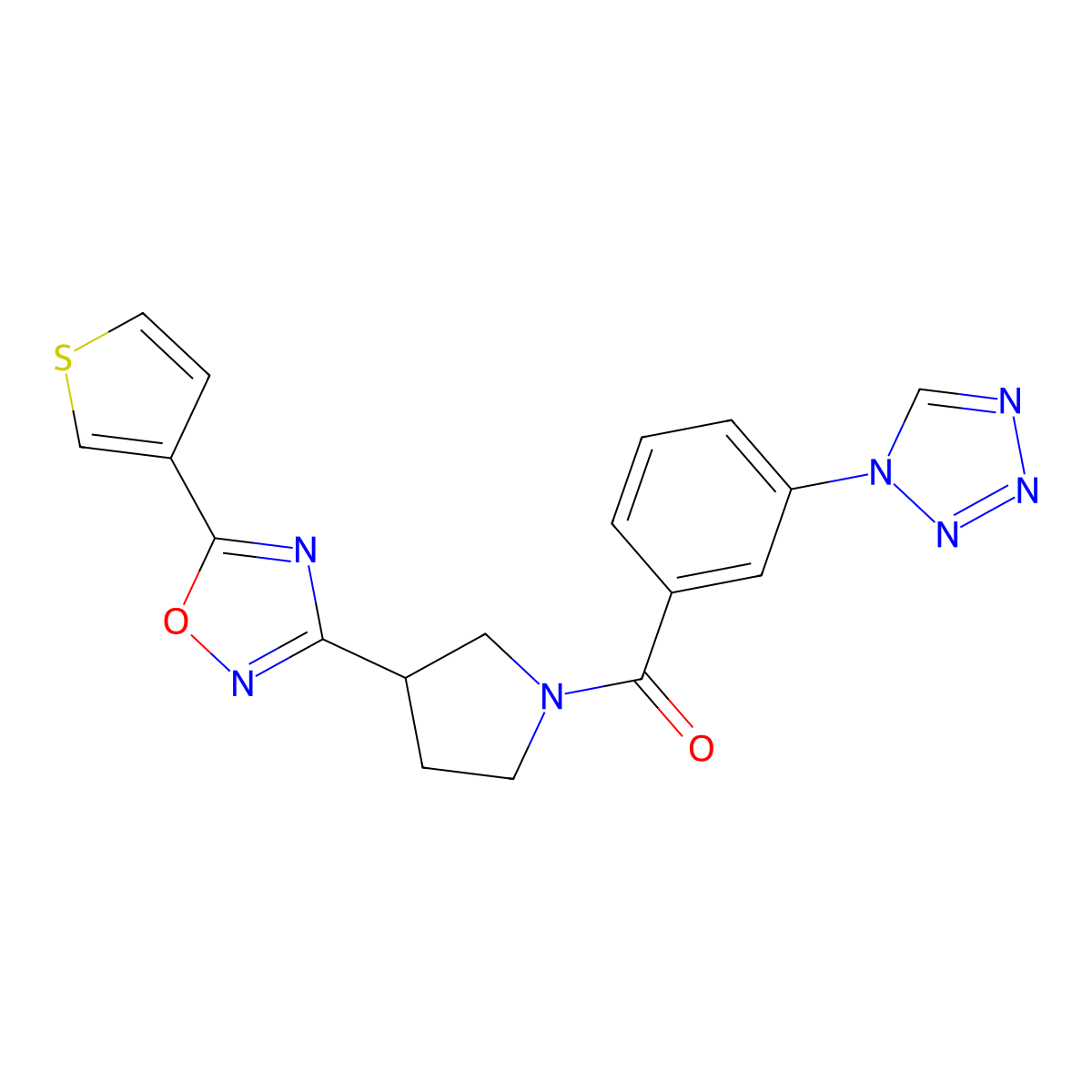 (3-(1H-tetrazol-1-yl)phenyl)(3-(5-(thiophen-3-yl)-1,2,4-oxadiazol-3-yl)pyrrolidin-1-yl)methanone molecular structure, CAS 2034278-34-5