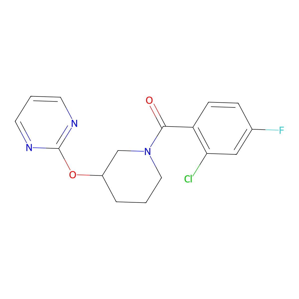 (2-Chloro-4-fluorophenyl)(3-(pyrimidin-2-yloxy)piperidin-1-yl)methanone molecular structure, CAS 2034278-36-7