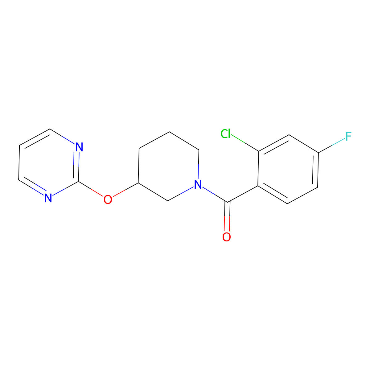 (2-Chloro-4-fluorophenyl)(3-(pyrimidin-2-yloxy)piperidin-1-yl)methanone molecular structure, CAS 2034278-36-7