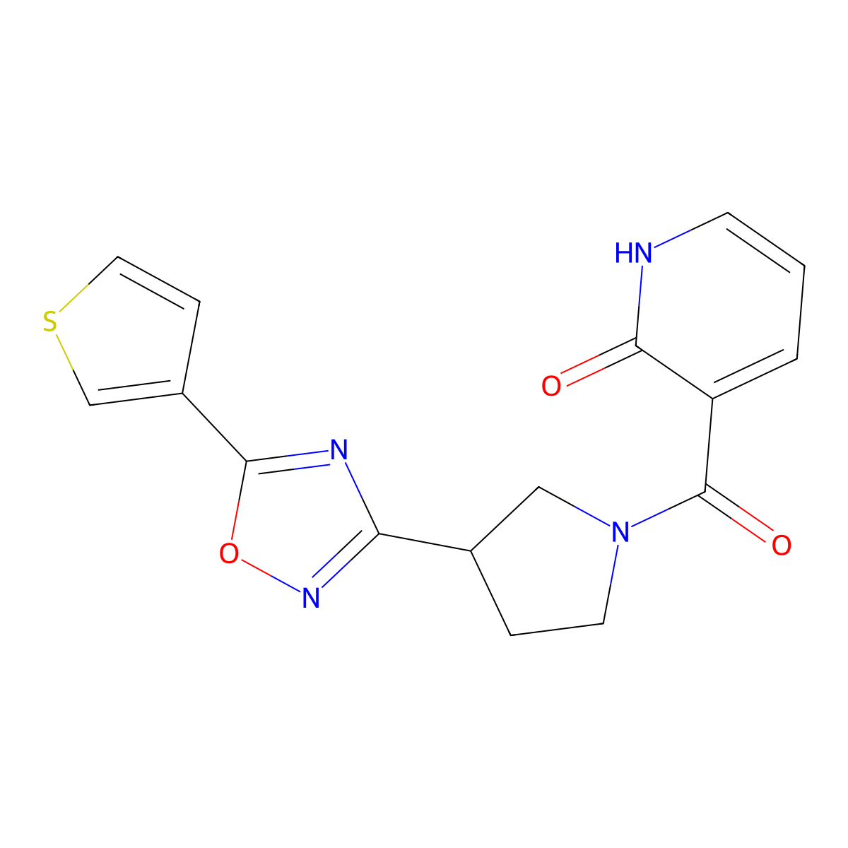 3-(3-(5-(thiophen-3-yl)-1,2,4-oxadiazol-3-yl)pyrrolidine-1-carbonyl)pyridin-2(1H)-one molecular structure, CAS 2034278-37-8