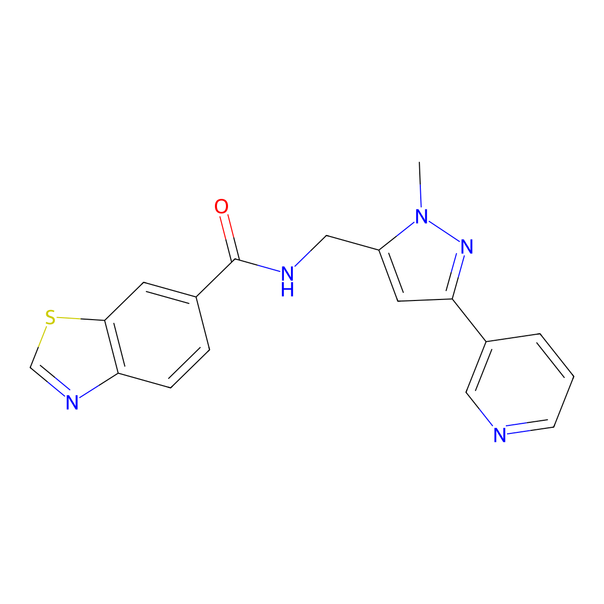 N-((1-methyl-3-(pyridin-3-yl)-1H-pyrazol-5-yl)methyl)benzo[d]thiazole-6-carboxamide molecular structure, CAS 2034278-38-9
