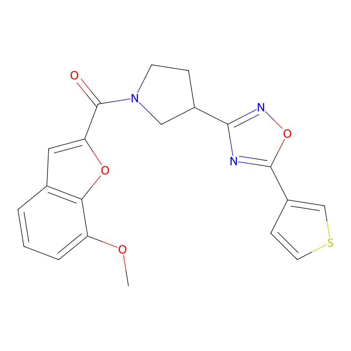 (7-Methoxybenzofuran-2-yl)(3-(5-(thiophen-3-yl)-1,2,4-oxadiazol-3-yl)pyrrolidin-1-yl)methanone molecular structure, CAS 2034278-40-3