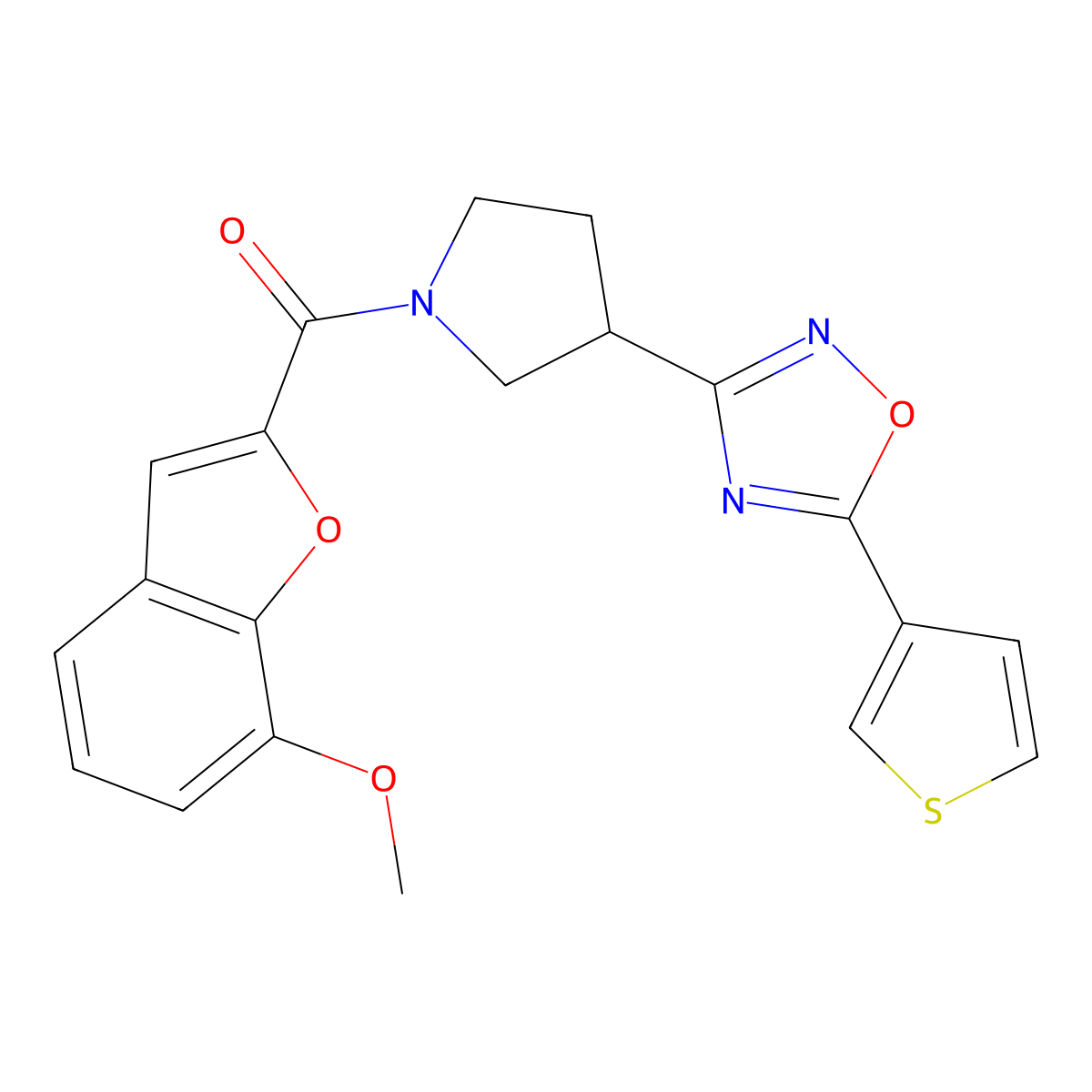 (7-Methoxybenzofuran-2-yl)(3-(5-(thiophen-3-yl)-1,2,4-oxadiazol-3-yl)pyrrolidin-1-yl)methanone molecular structure, CAS 2034278-40-3