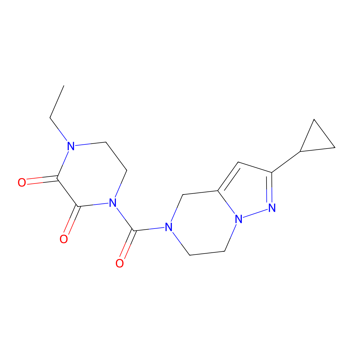 1-(2-Cyclopropyl-4,5,6,7-tetrahydropyrazolo[1,5-a]pyrazine-5-carbonyl)-4-ethylpiperazine-2,3-dione molecular structure, CAS 2034278-46-9