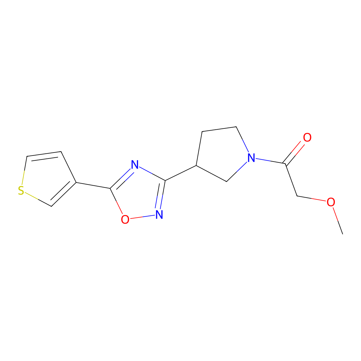 2-Methoxy-1-(3-(5-(thiophen-3-yl)-1,2,4-oxadiazol-3-yl)pyrrolidin-1-yl)ethanone molecular structure, CAS 2034278-47-0