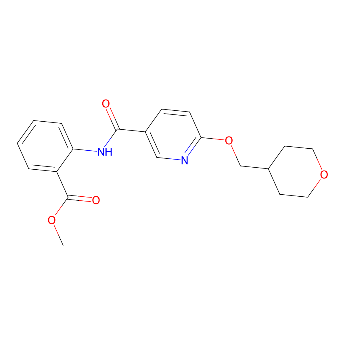 methyl 2-(6-((tetrahydro-2H-pyran-4-yl)methoxy)nicotinamido)benzoate molecular structure, CAS 2034278-48-1