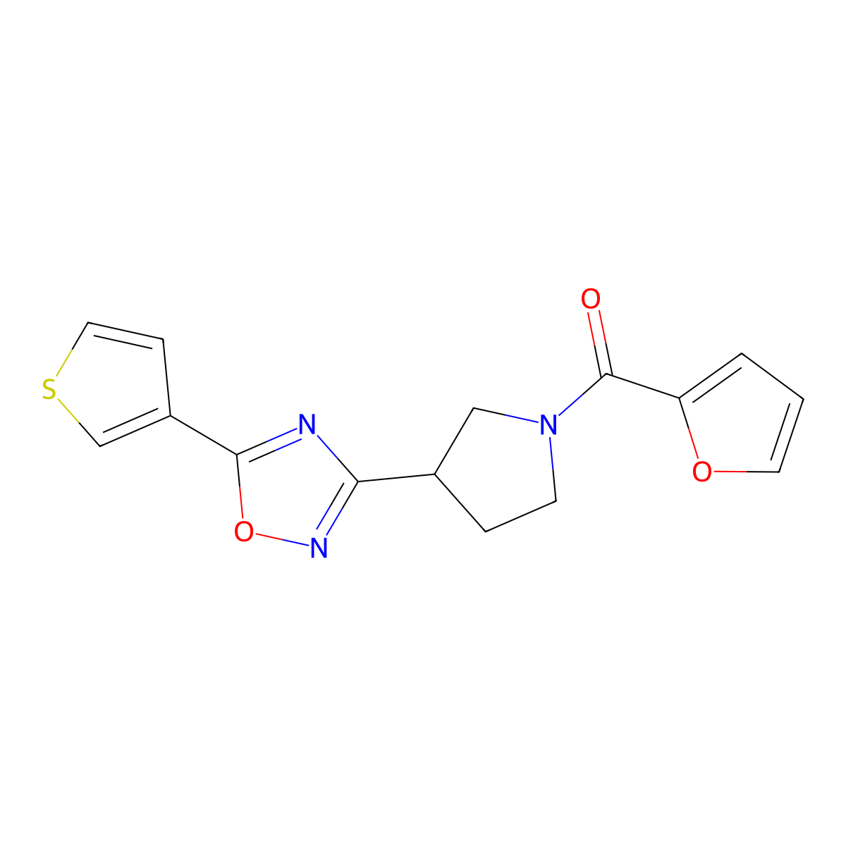 Furan-2-yl(3-(5-(thiophen-3-yl)-1,2,4-oxadiazol-3-yl)pyrrolidin-1-yl)methanone molecular structure, CAS 2034278-58-3