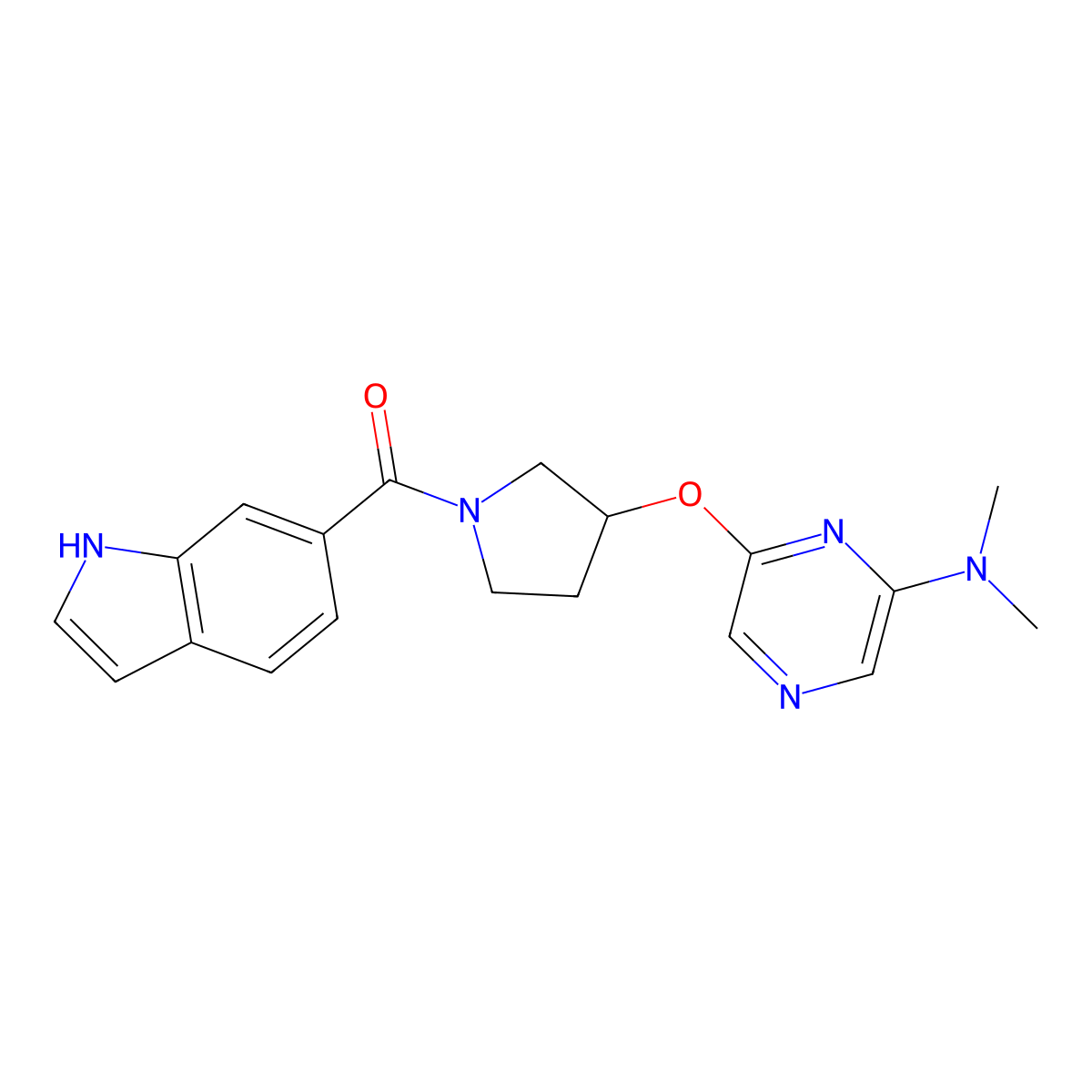 (3-((6-(dimethylamino)pyrazin-2-yl)oxy)pyrrolidin-1-yl)(1H-indol-6-yl)methanone molecular structure, CAS 2034278-83-4