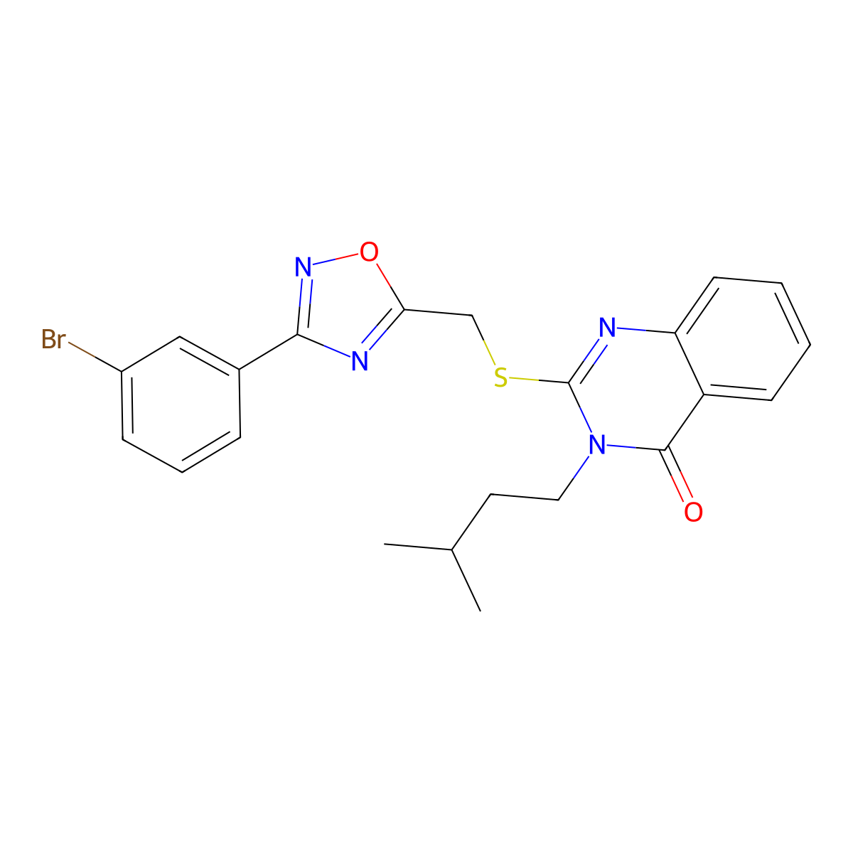 2-(((3-(3-bromophenyl)-1,2,4-oxadiazol-5-yl)methyl)thio)-3-isopentylquinazolin-4(3H)-one molecular structure, CAS 2034278-84-5