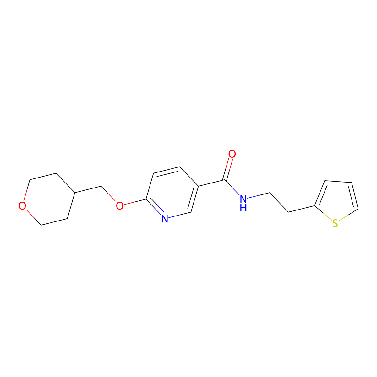6-((tetrahydro-2H-pyran-4-yl)methoxy)-N-(2-(thiophen-2-yl)ethyl)nicotinamide molecular structure, CAS 2034278-85-6