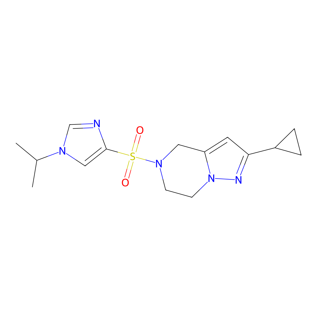 2-cyclopropyl-5-((1-isopropyl-1H-imidazol-4-yl)sulfonyl)-4,5,6,7-tetrahydropyrazolo[1,5-a]pyrazine molecular structure, CAS 2034278-97-0