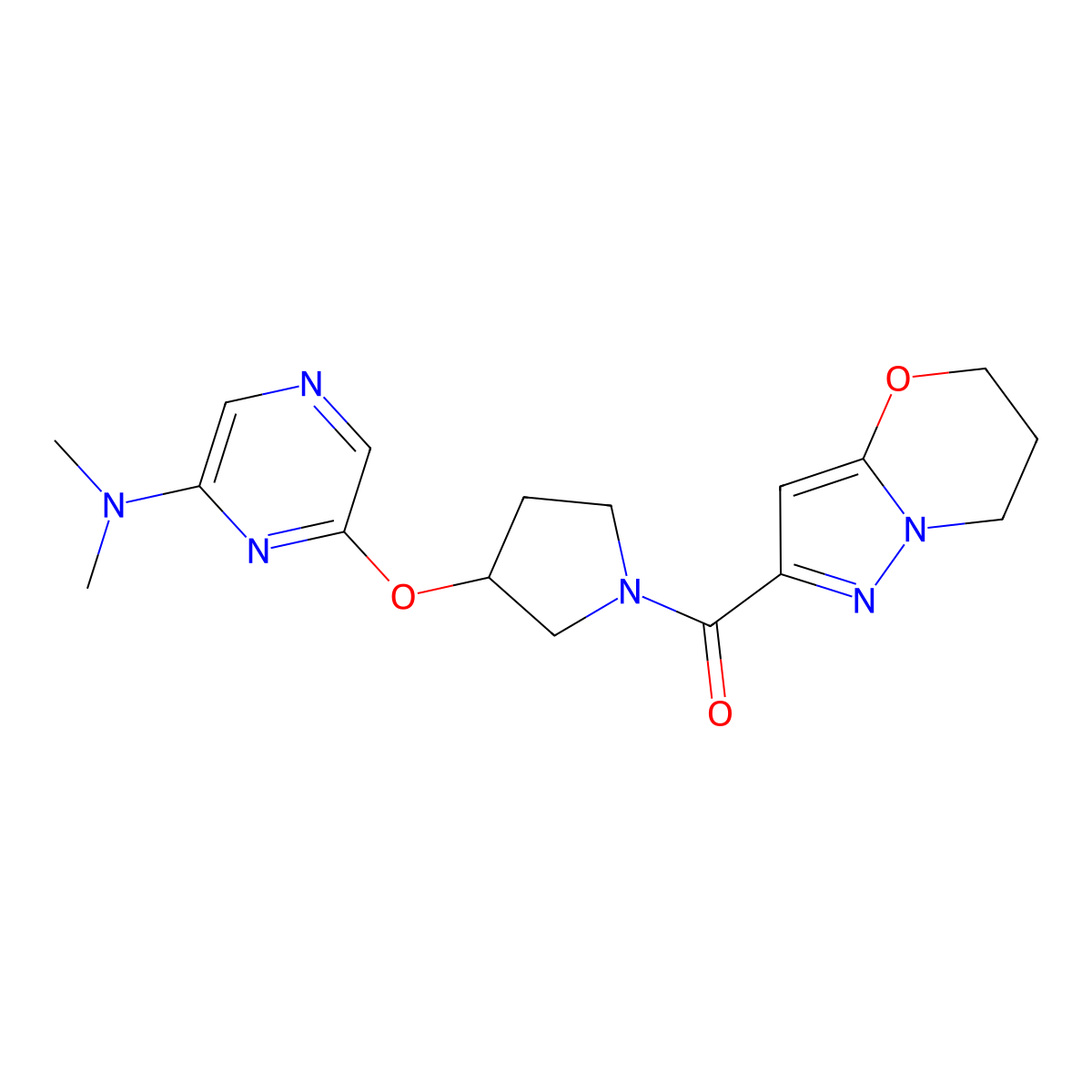 (6,7-dihydro-5H-pyrazolo[5,1-b][1,3]oxazin-2-yl)(3-((6-(dimethylamino)pyrazin-2-yl)oxy)pyrrolidin-1-yl)methanone molecular structure, CAS 2034278-99-2