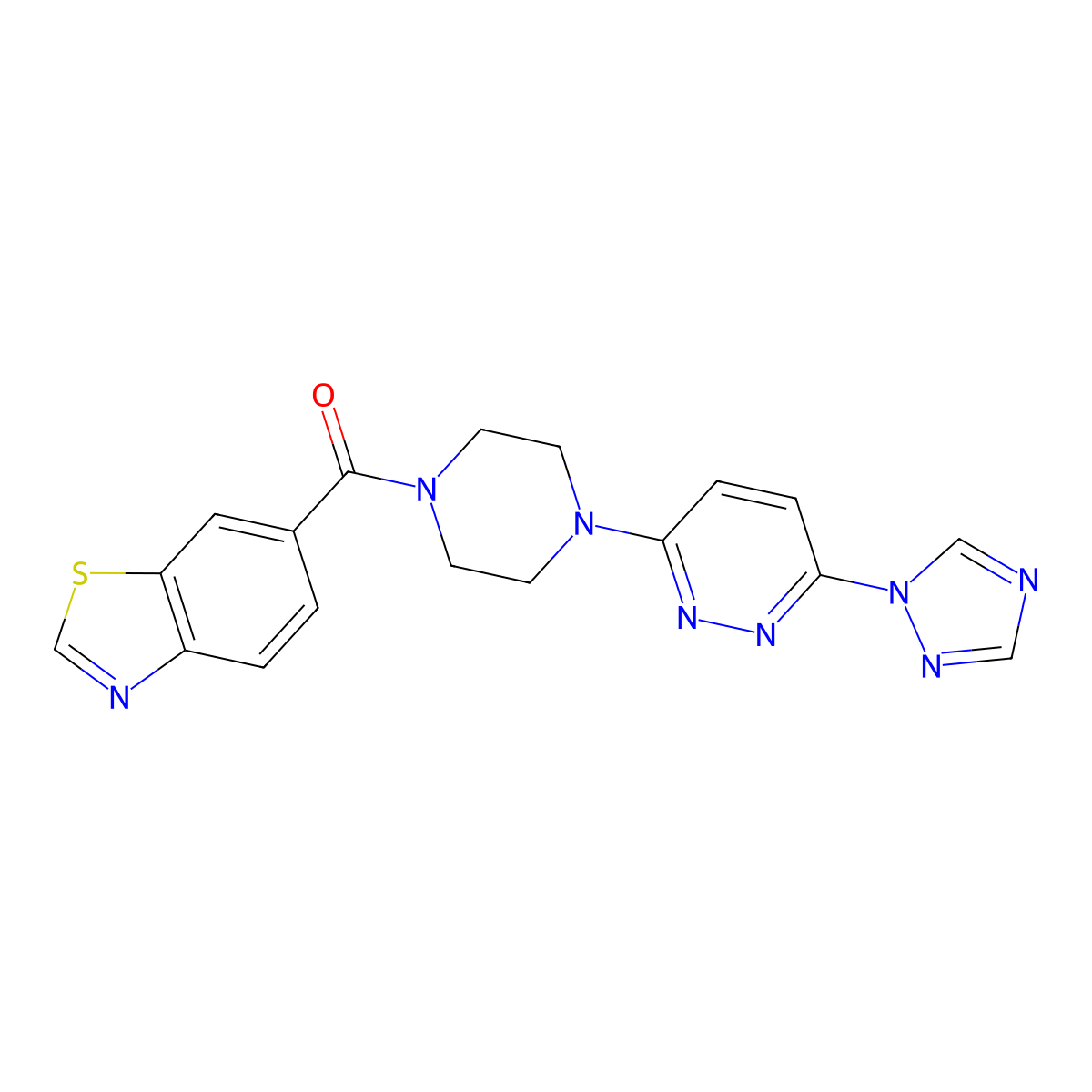 (4-(6-(1H-1,2,4-triazol-1-yl)pyridazin-3-yl)piperazin-1-yl)(benzo[d]thiazol-6-yl)methanone molecular structure, CAS 2034279-02-0