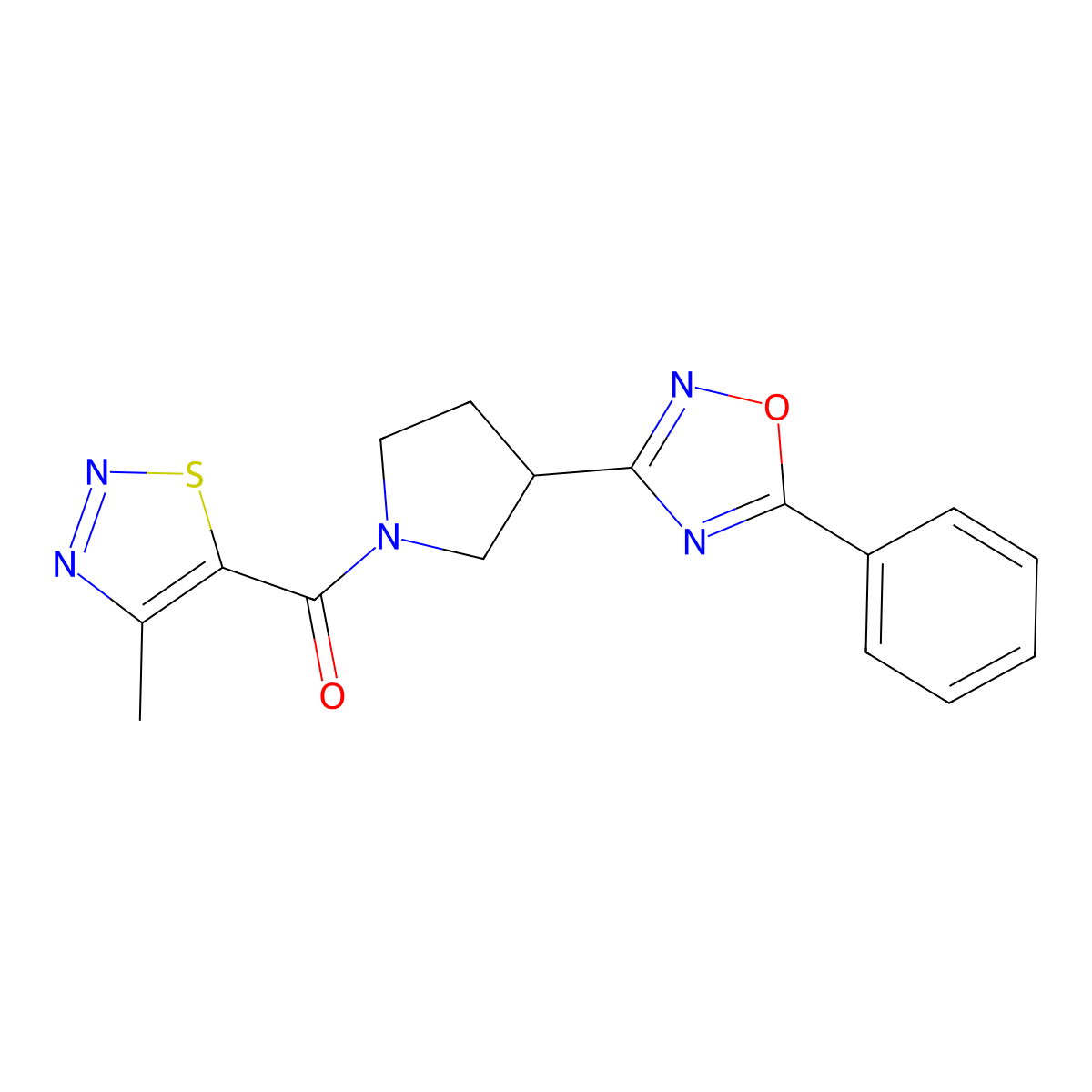 (4-Methyl-1,2,3-thiadiazol-5-yl)(3-(5-phenyl-1,2,4-oxadiazol-3-yl)pyrrolidin-1-yl)methanone molecular structure, CAS 2034279-04-2