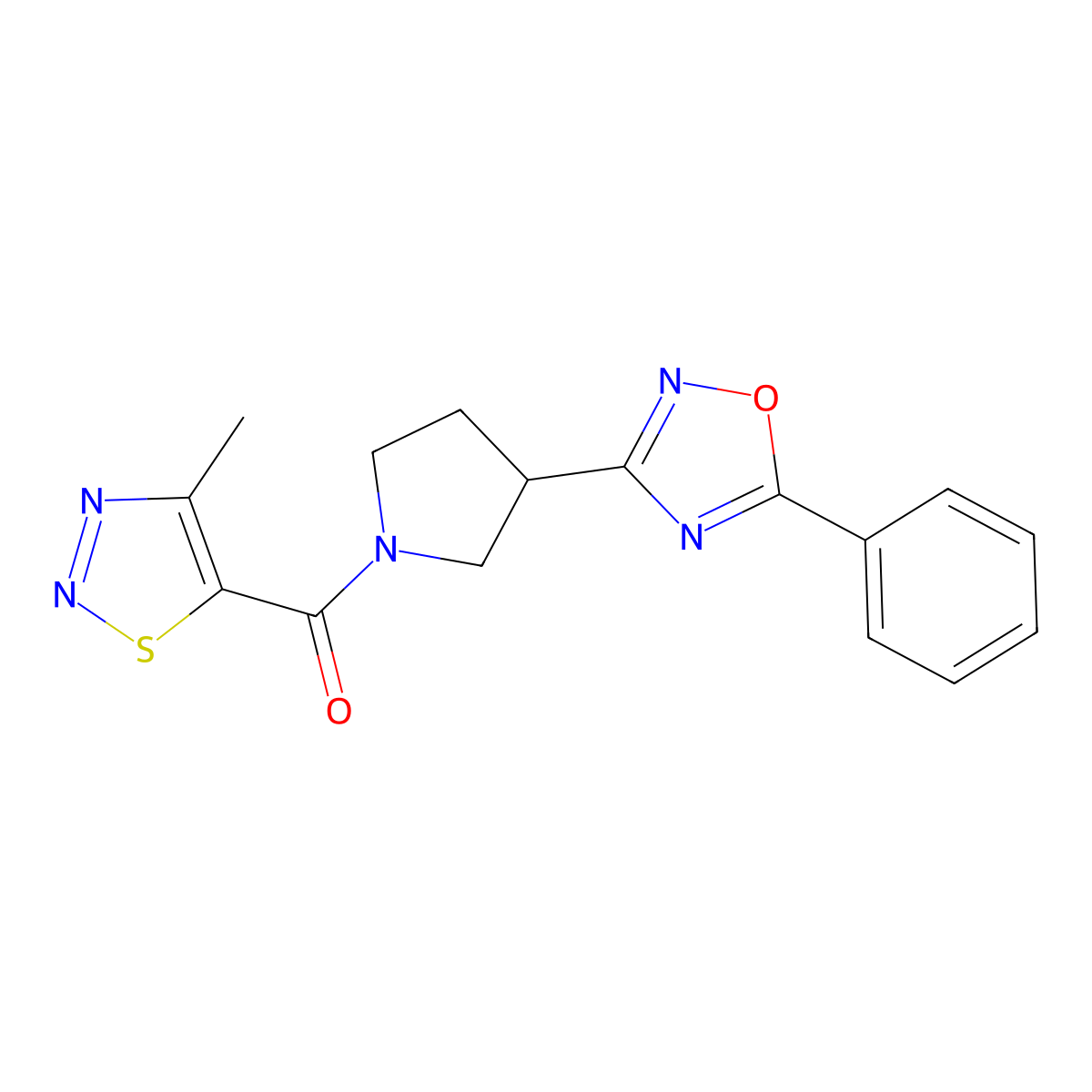 (4-Methyl-1,2,3-thiadiazol-5-yl)(3-(5-phenyl-1,2,4-oxadiazol-3-yl)pyrrolidin-1-yl)methanone molecular structure, CAS 2034279-04-2