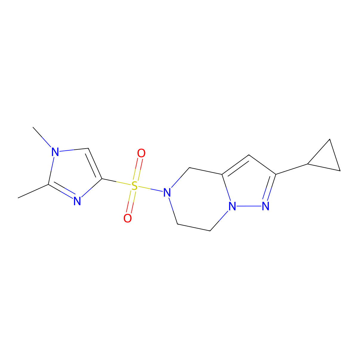 2-cyclopropyl-5-((1,2-dimethyl-1H-imidazol-4-yl)sulfonyl)-4,5,6,7-tetrahydropyrazolo[1,5-a]pyrazine molecular structure, CAS 2034279-08-6