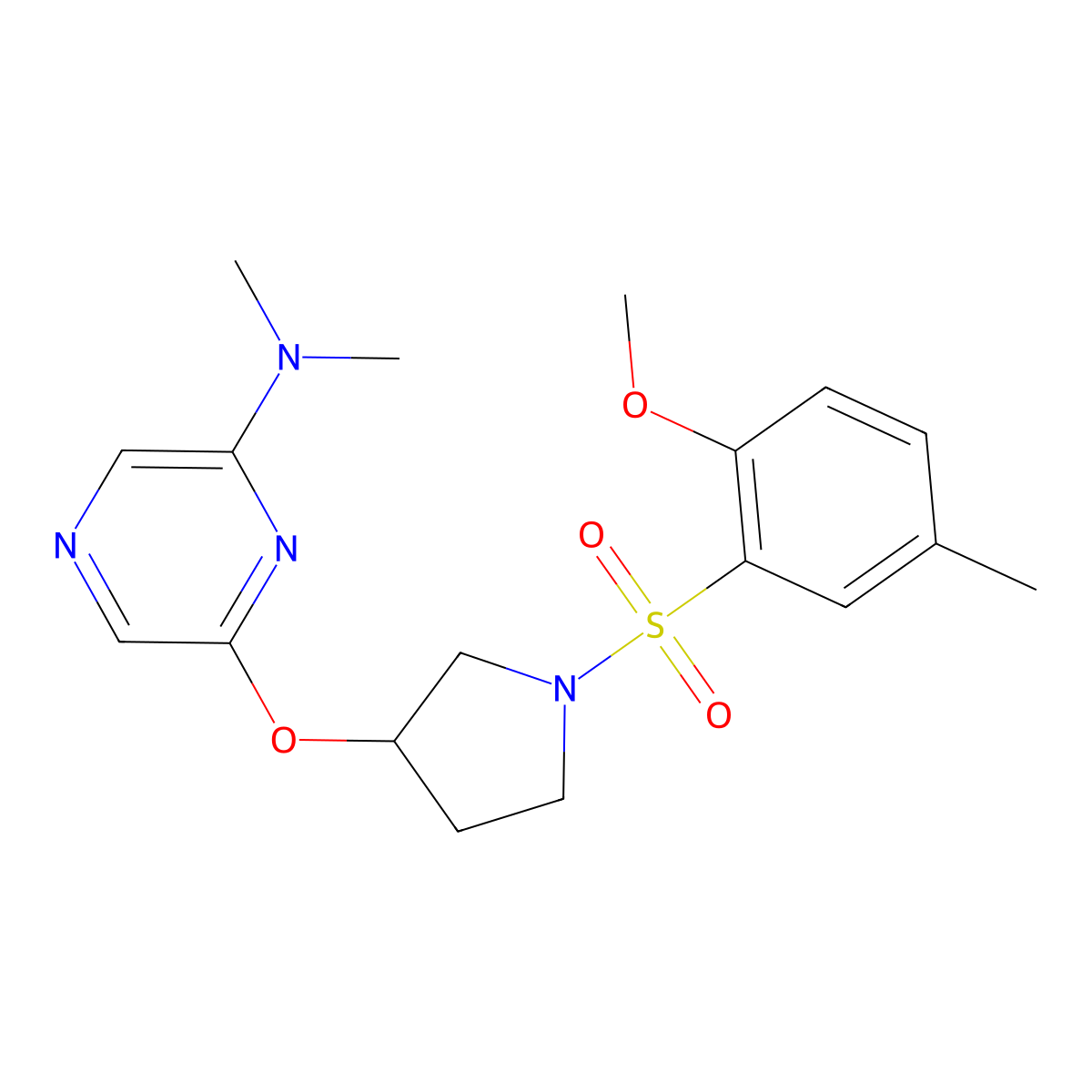 6-((1-((2-methoxy-5-methylphenyl)sulfonyl)pyrrolidin-3-yl)oxy)-N,N-dimethylpyrazin-2-amine molecular structure, CAS 2034279-10-0