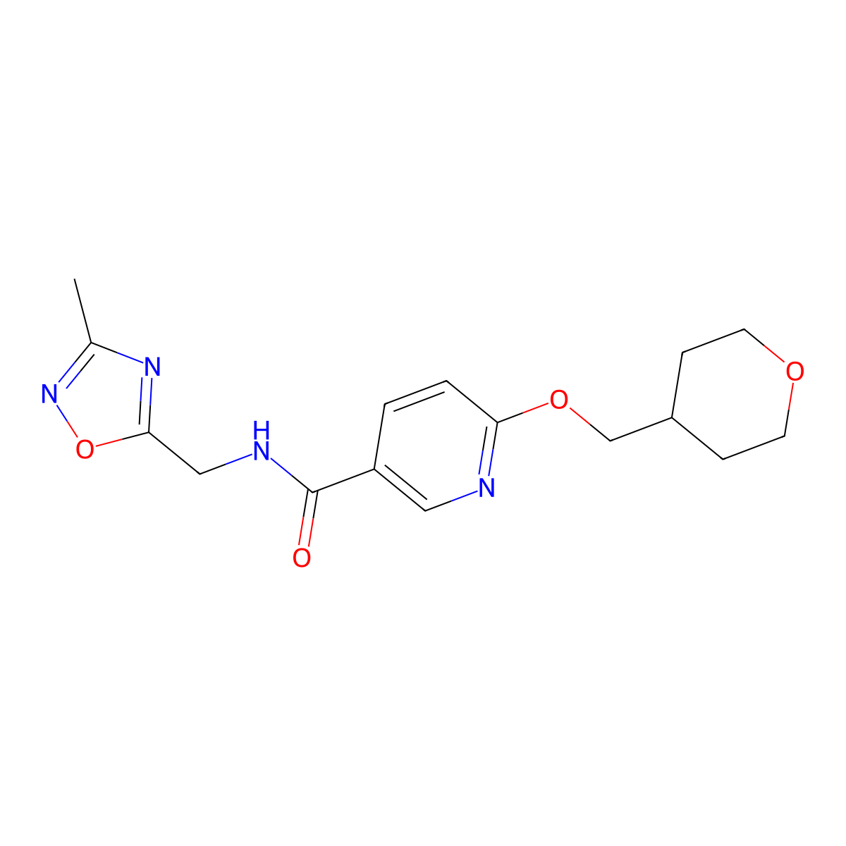 N-((3-methyl-1,2,4-oxadiazol-5-yl)methyl)-6-((tetrahydro-2H-pyran-4-yl)methoxy)nicotinamide molecular structure, CAS 2034279-14-4