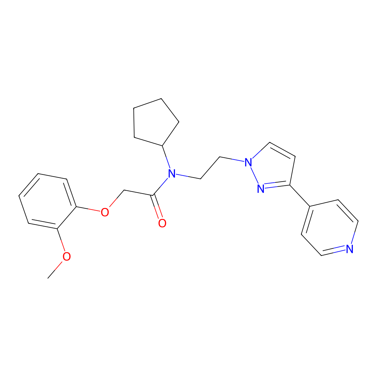 N-cyclopentyl-2-(2-methoxyphenoxy)-N-(2-(3-(pyridin-4-yl)-1H-pyrazol-1-yl)ethyl)acetamide molecular structure, CAS 2034279-21-3