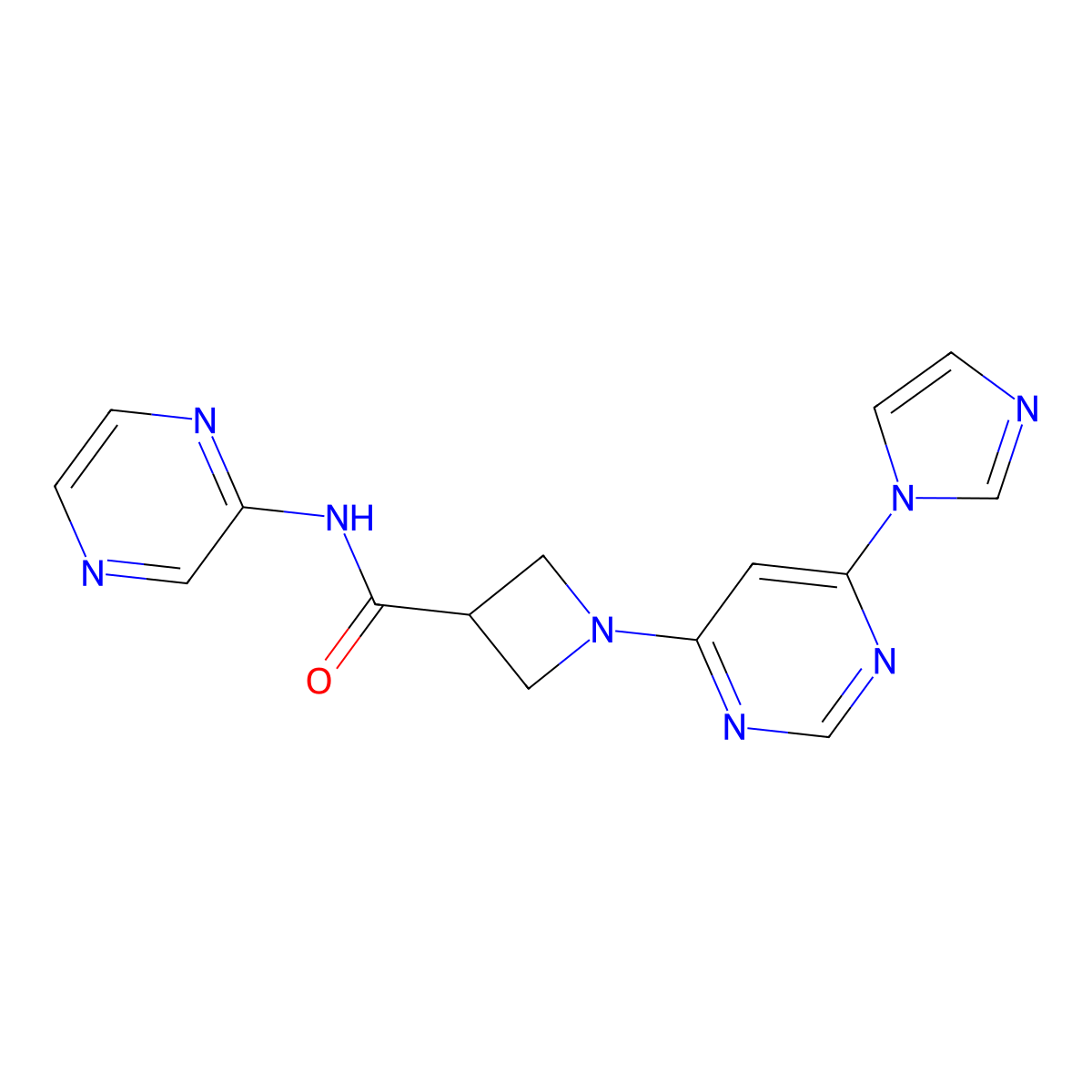 1-[6-(1H-imidazol-1-yl)pyrimidin-4-yl]-N-(pyrazin-2-yl)azetidine-3-carboxamide molecular structure, CAS 2034279-28-0