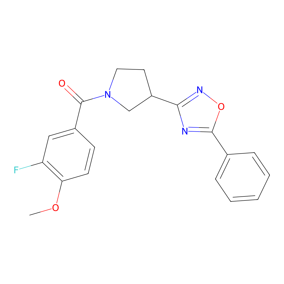 (3-Fluoro-4-methoxyphenyl)(3-(5-phenyl-1,2,4-oxadiazol-3-yl)pyrrolidin-1-yl)methanone molecular structure, CAS 2034279-33-7