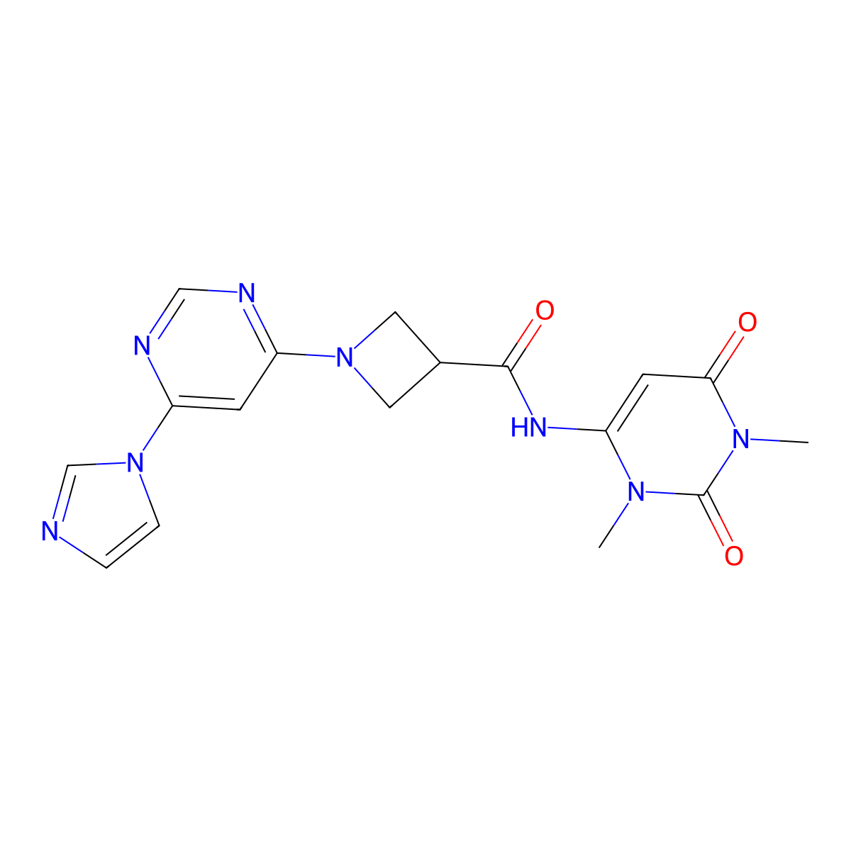 1-(6-(1H-imidazol-1-yl)pyrimidin-4-yl)-N-(1,3-dimethyl-2,6-dioxo-1,2,3,6-tetrahydropyrimidin-4-yl)azetidine-3-carboxamide molecular structure, CAS 2034279-34-8