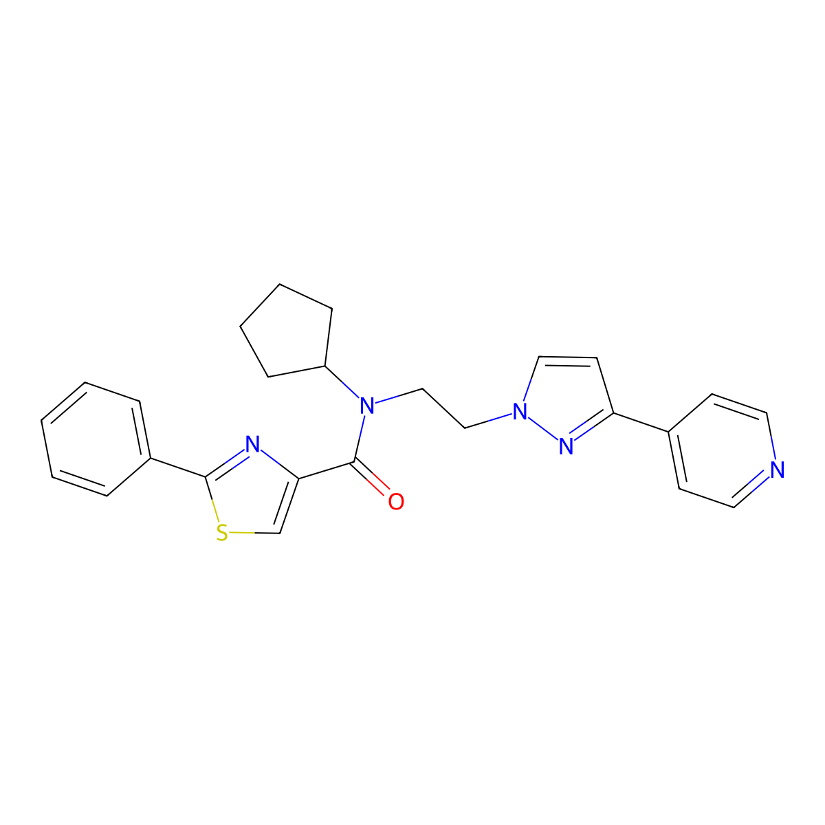 N-cyclopentyl-2-phenyl-N-(2-(3-(pyridin-4-yl)-1H-pyrazol-1-yl)ethyl)thiazole-4-carboxamide molecular structure, CAS 2034279-35-9