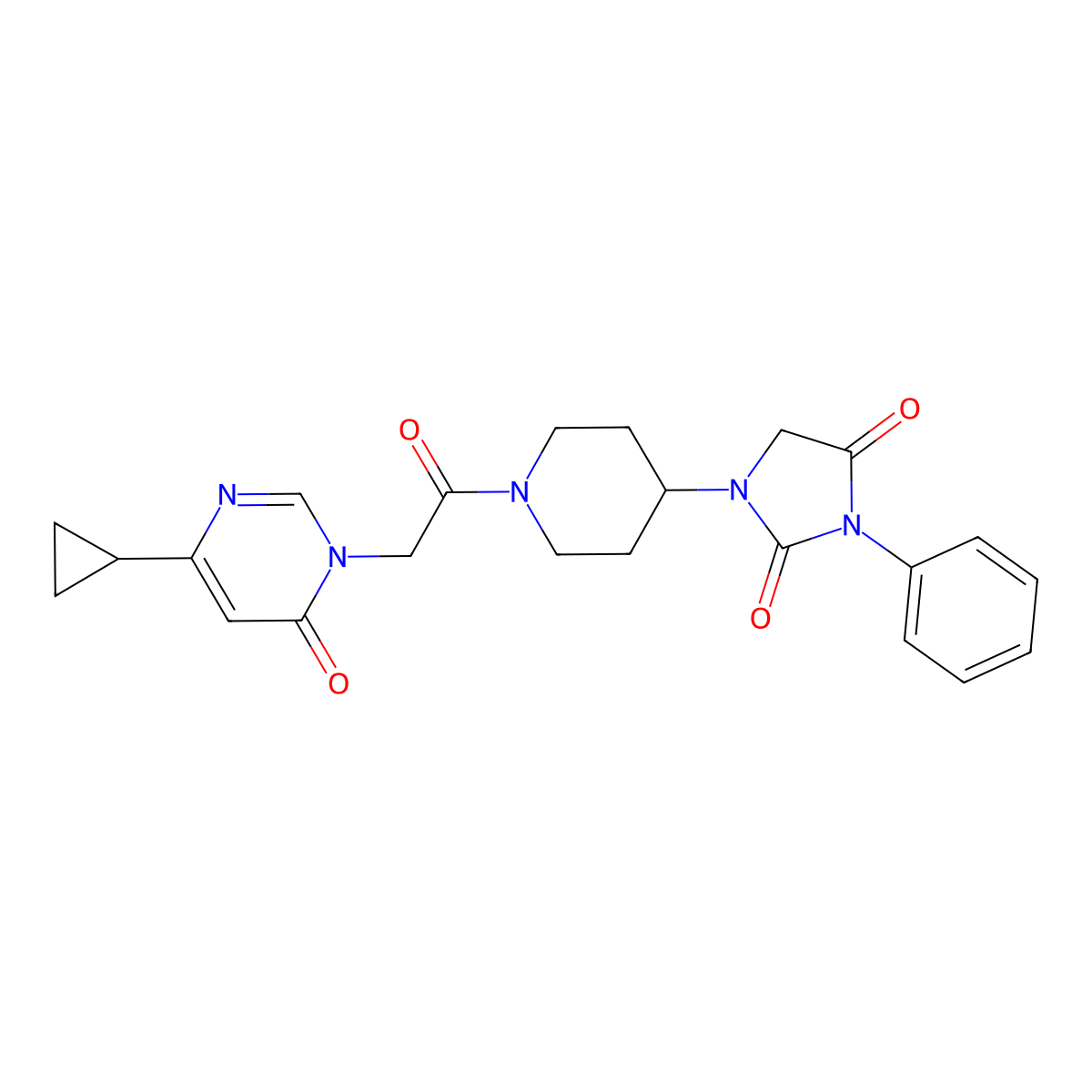 1-(1-(2-(4-cyclopropyl-6-oxopyrimidin-1(6H)-yl)acetyl)piperidin-4-yl)-3-phenylimidazolidine-2,4-dione molecular structure, CAS 2034279-36-0