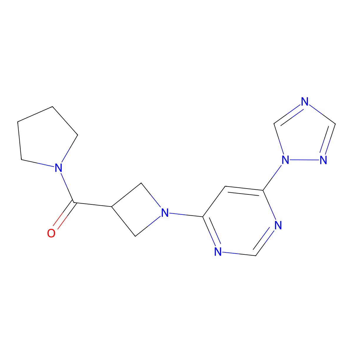 (1-(6-(1H-1,2,4-triazol-1-yl)pyrimidin-4-yl)azetidin-3-yl)(pyrrolidin-1-yl)methanone molecular structure, CAS 2034279-45-1