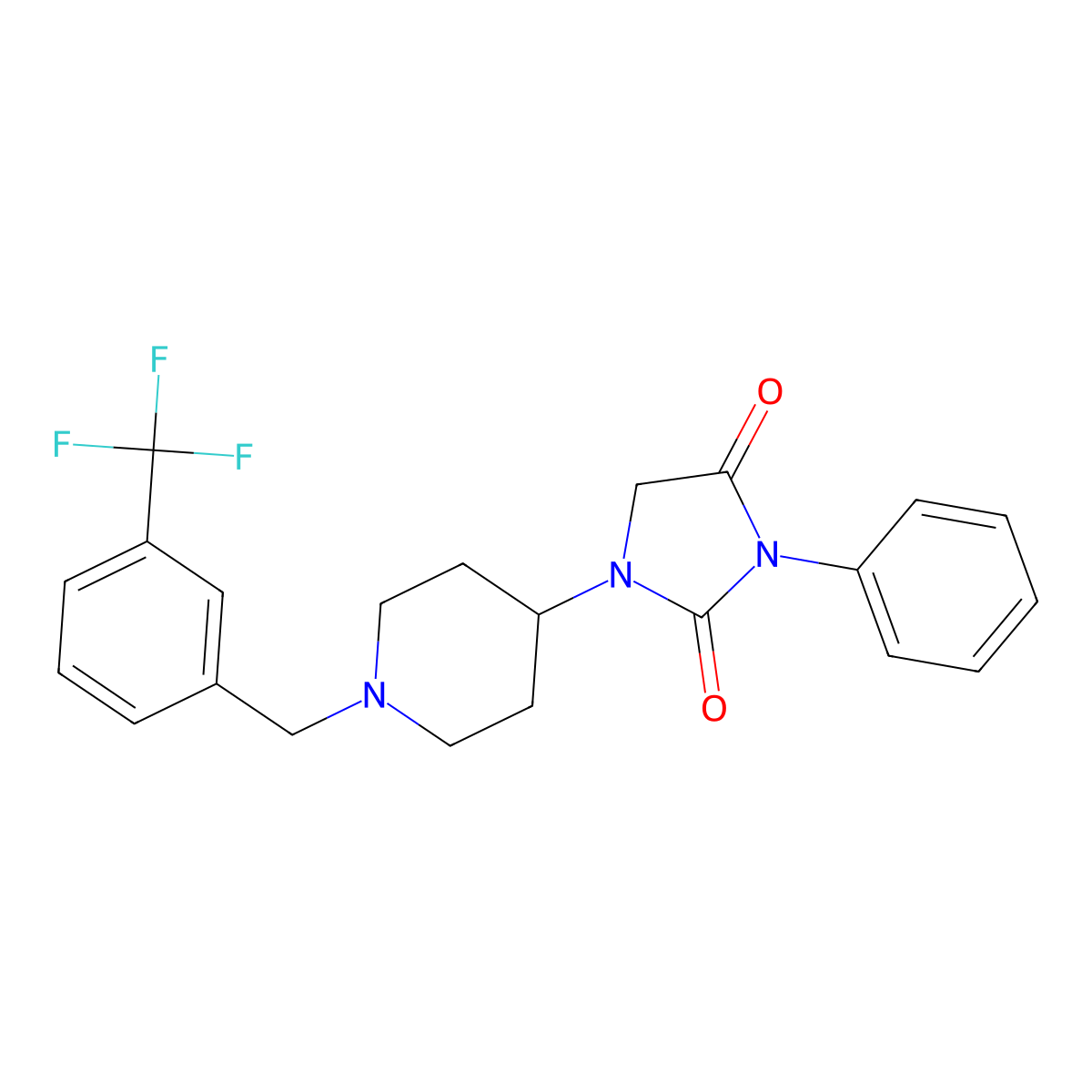 3-Phenyl-1-(1-(3-(trifluoromethyl)benzyl)piperidin-4-yl)imidazolidine-2,4-dione molecular structure, CAS 2034279-48-4