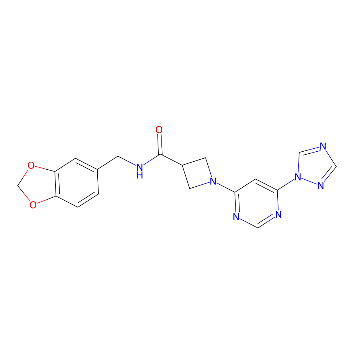 N-[(2H-1,3-benzodioxol-5-yl)methyl]-1-[6-(1H-1,2,4-triazol-1-yl)pyrimidin-4-yl]azetidine-3-carboxamide molecular structure, CAS 2034279-52-0