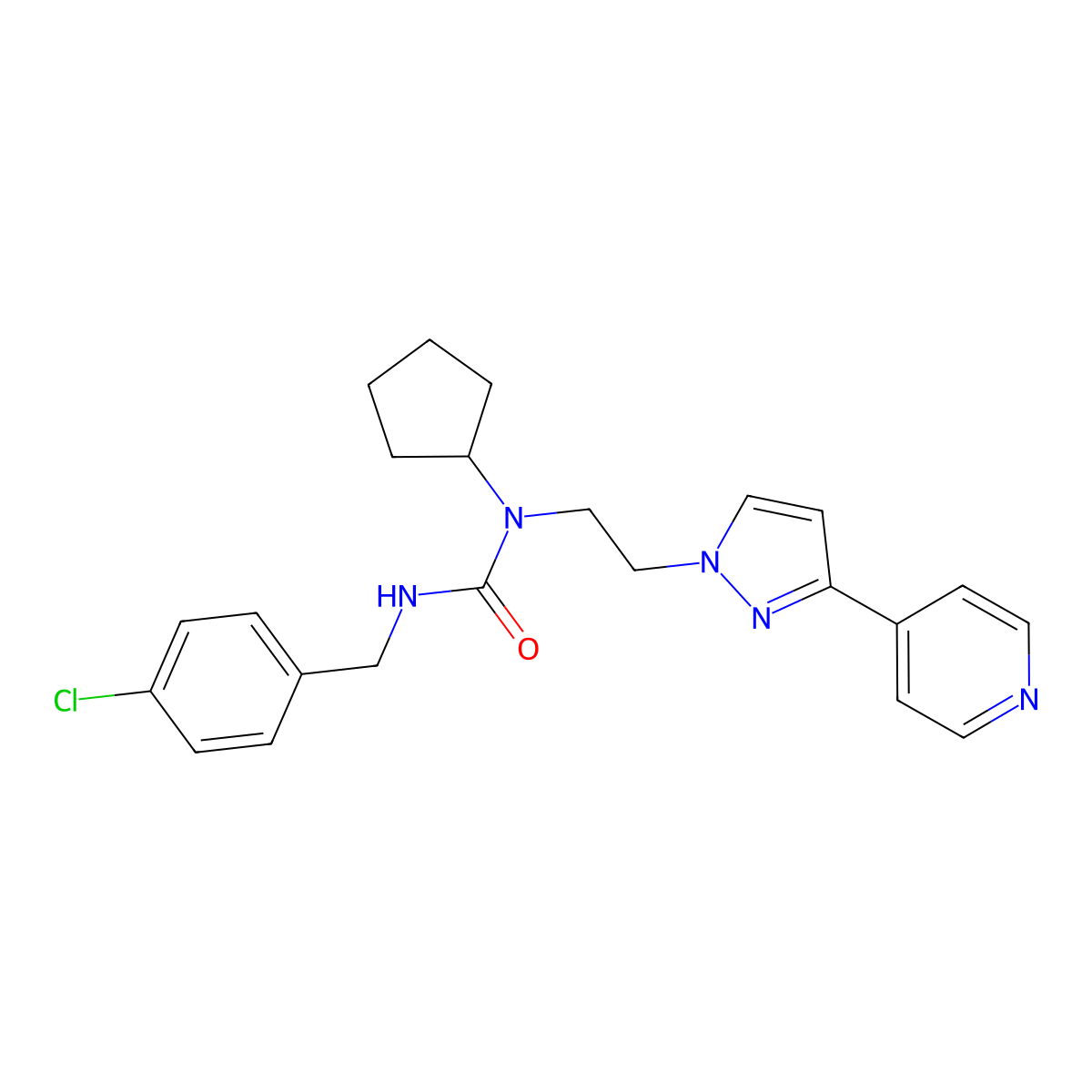 3-(4-chlorobenzyl)-1-cyclopentyl-1-(2-(3-(pyridin-4-yl)-1H-pyrazol-1-yl)ethyl)urea molecular structure, CAS 2034279-56-4
