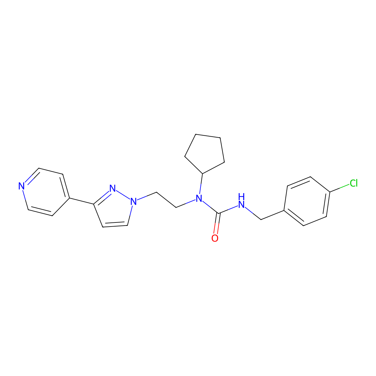 3-(4-chlorobenzyl)-1-cyclopentyl-1-(2-(3-(pyridin-4-yl)-1H-pyrazol-1-yl)ethyl)urea molecular structure, CAS 2034279-56-4