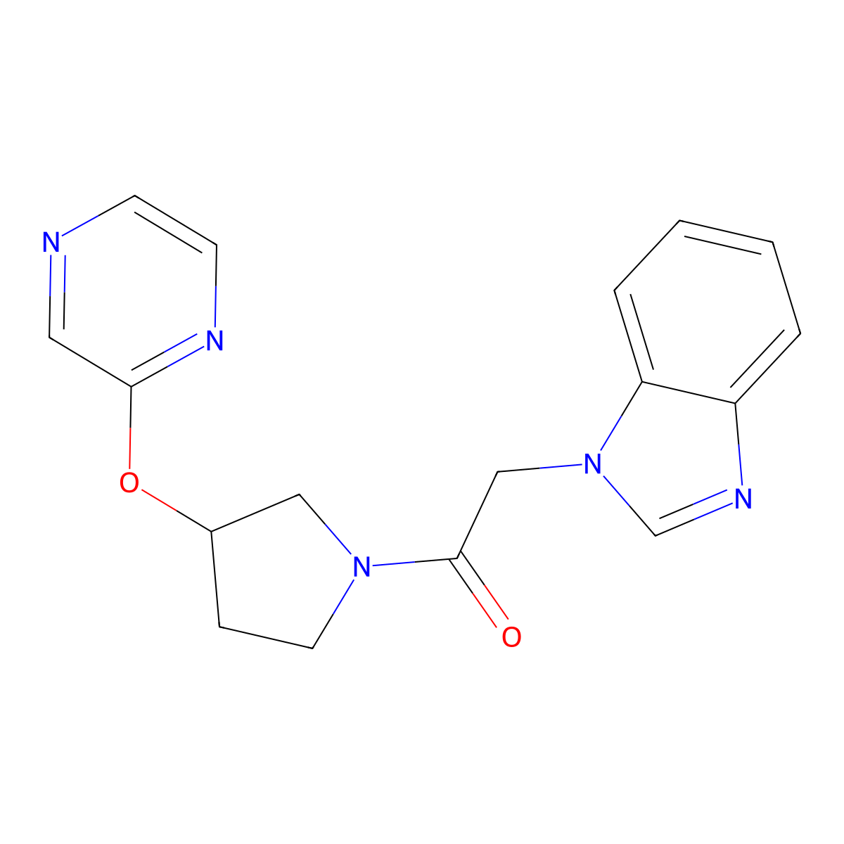 2-(1H-benzo[d]imidazol-1-yl)-1-(3-(pyrazin-2-yloxy)pyrrolidin-1-yl)ethanone molecular structure, CAS 2034279-57-5