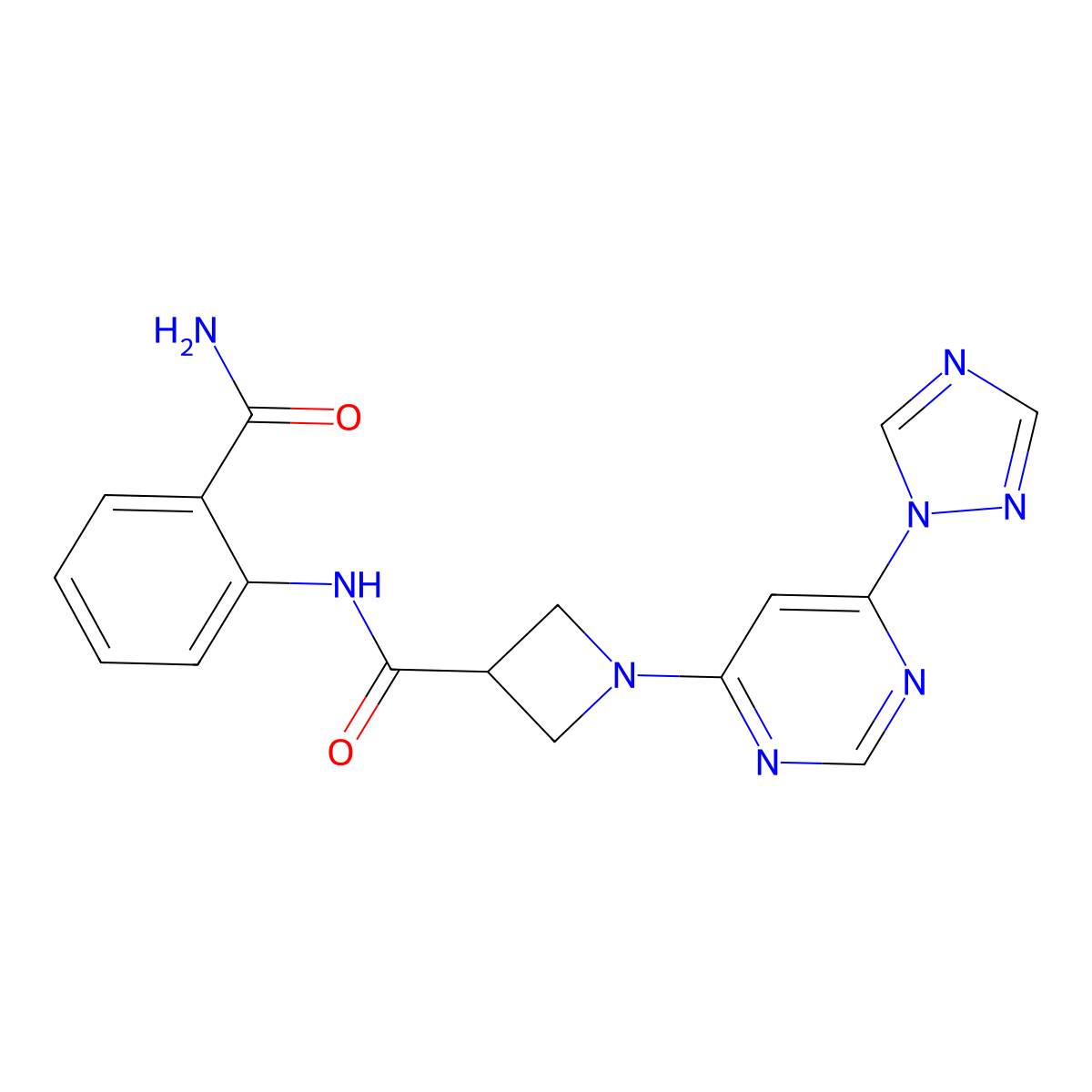 1-(6-(1H-1,2,4-triazol-1-yl)pyrimidin-4-yl)-N-(2-carbamoylphenyl)azetidine-3-carboxamide molecular structure, CAS 2034279-60-0