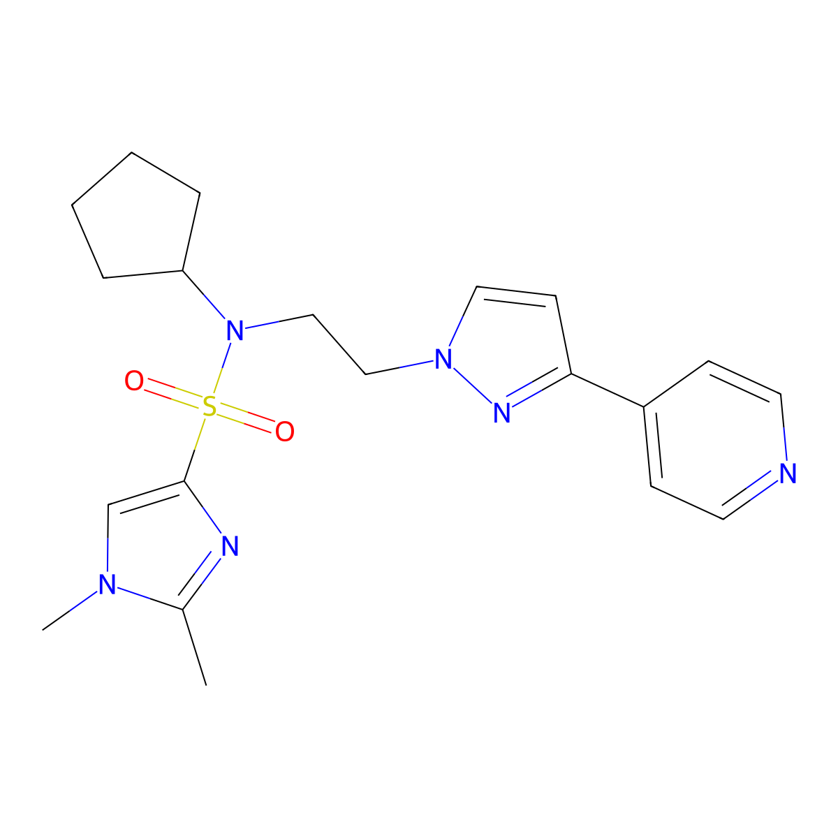 N-cyclopentyl-1,2-dimethyl-N-{2-[3-(pyridin-4-yl)-1H-pyrazol-1-yl]ethyl}-1H-imidazole-4-sulfonamide molecular structure, CAS 2034279-62-2