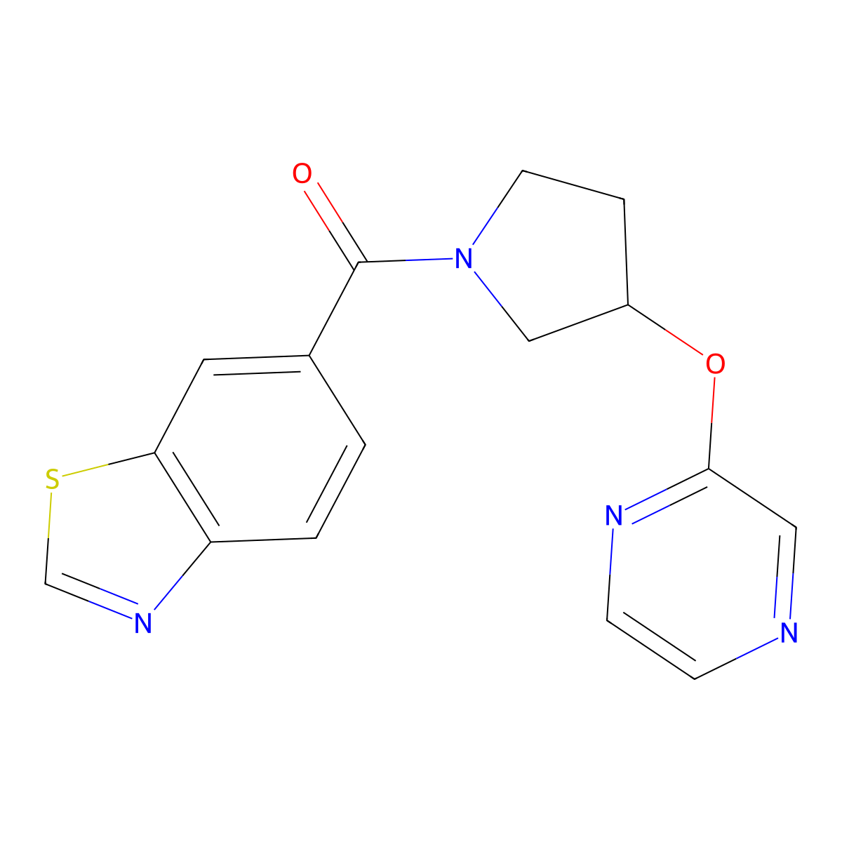 Benzo[d]thiazol-6-yl(3-(pyrazin-2-yloxy)pyrrolidin-1-yl)methanone molecular structure, CAS 2034279-65-5