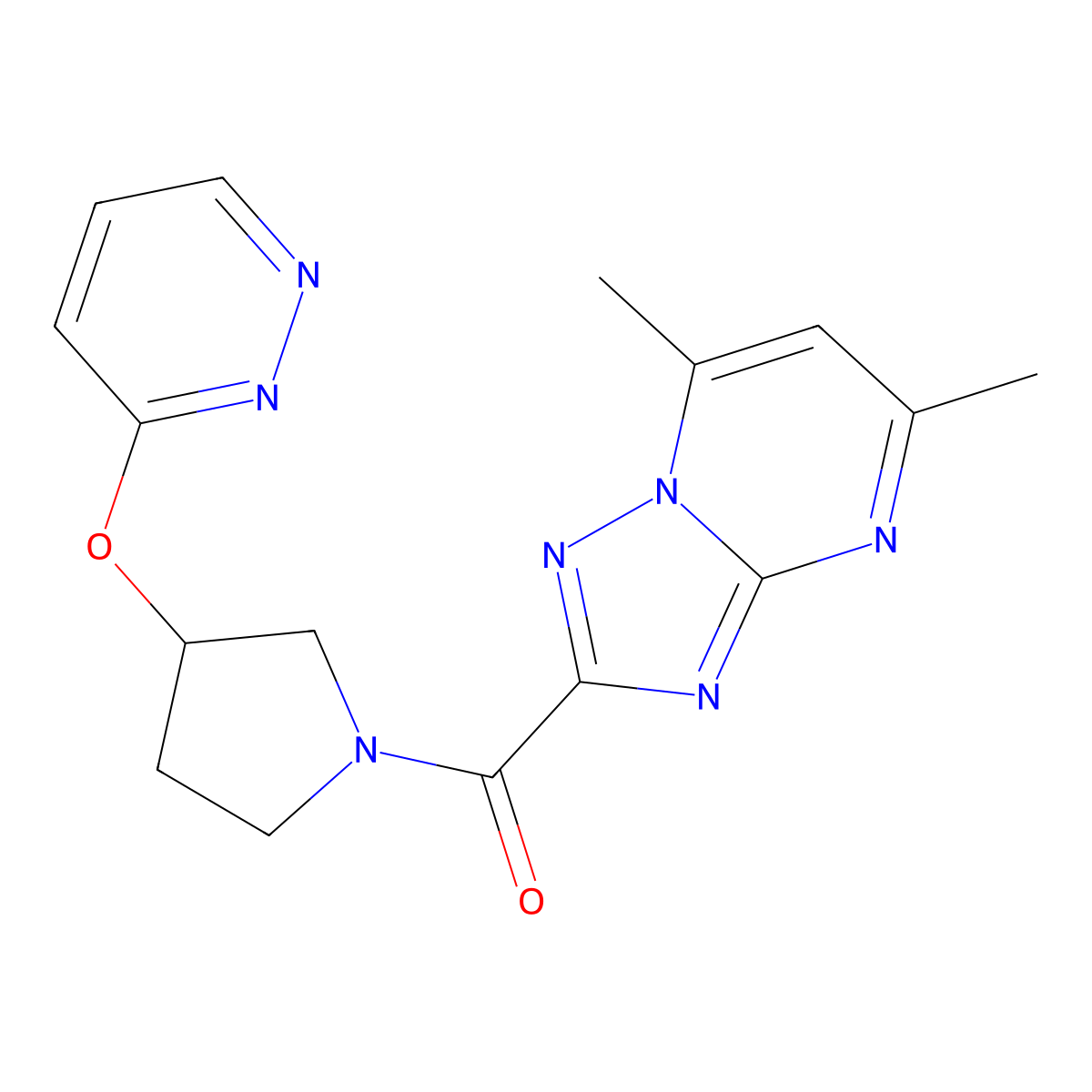(5,7-Dimethyl-[1,2,4]triazolo[1,5-a]pyrimidin-2-yl)(3-(pyridazin-3-yloxy)pyrrolidin-1-yl)methanone molecular structure, CAS 2034279-80-4