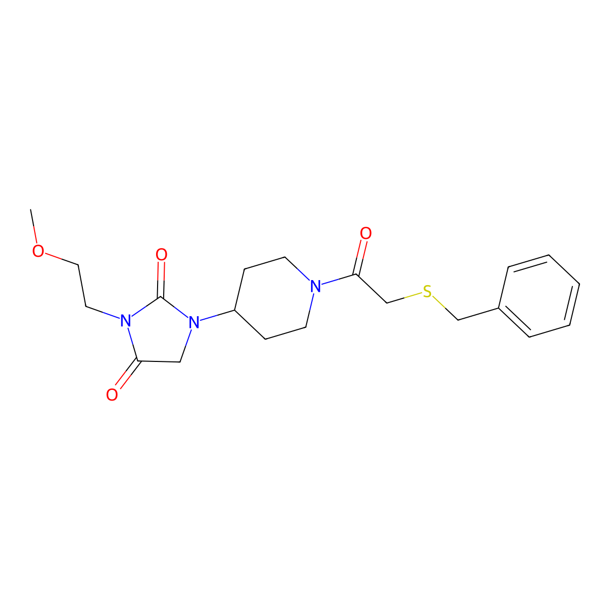1-(1-(2-(Benzylthio)acetyl)piperidin-4-yl)-3-(2-methoxyethyl)imidazolidine-2,4-dione molecular structure, CAS 2034279-86-0