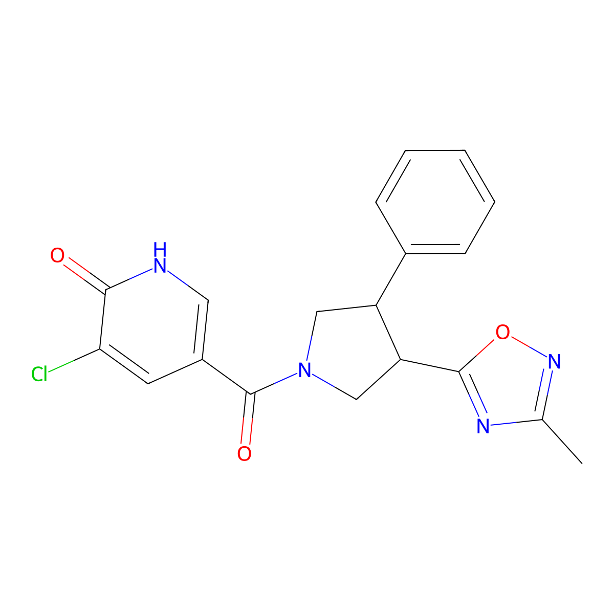 (5-Chloro-6-hydroxypyridin-3-yl)(3-(3-methyl-1,2,4-oxadiazol-5-yl)-4-phenylpyrrolidin-1-yl)methanone molecular structure, CAS 2034279-99-5