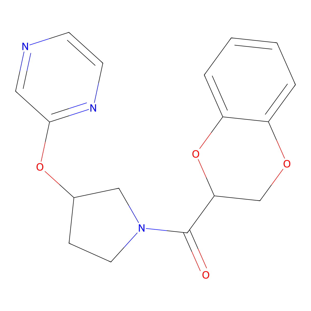 (2,3-Dihydrobenzo[b][1,4]dioxin-2-yl)(3-(pyrazin-2-yloxy)pyrrolidin-1-yl)methanone molecular structure, CAS 2034280-06-1