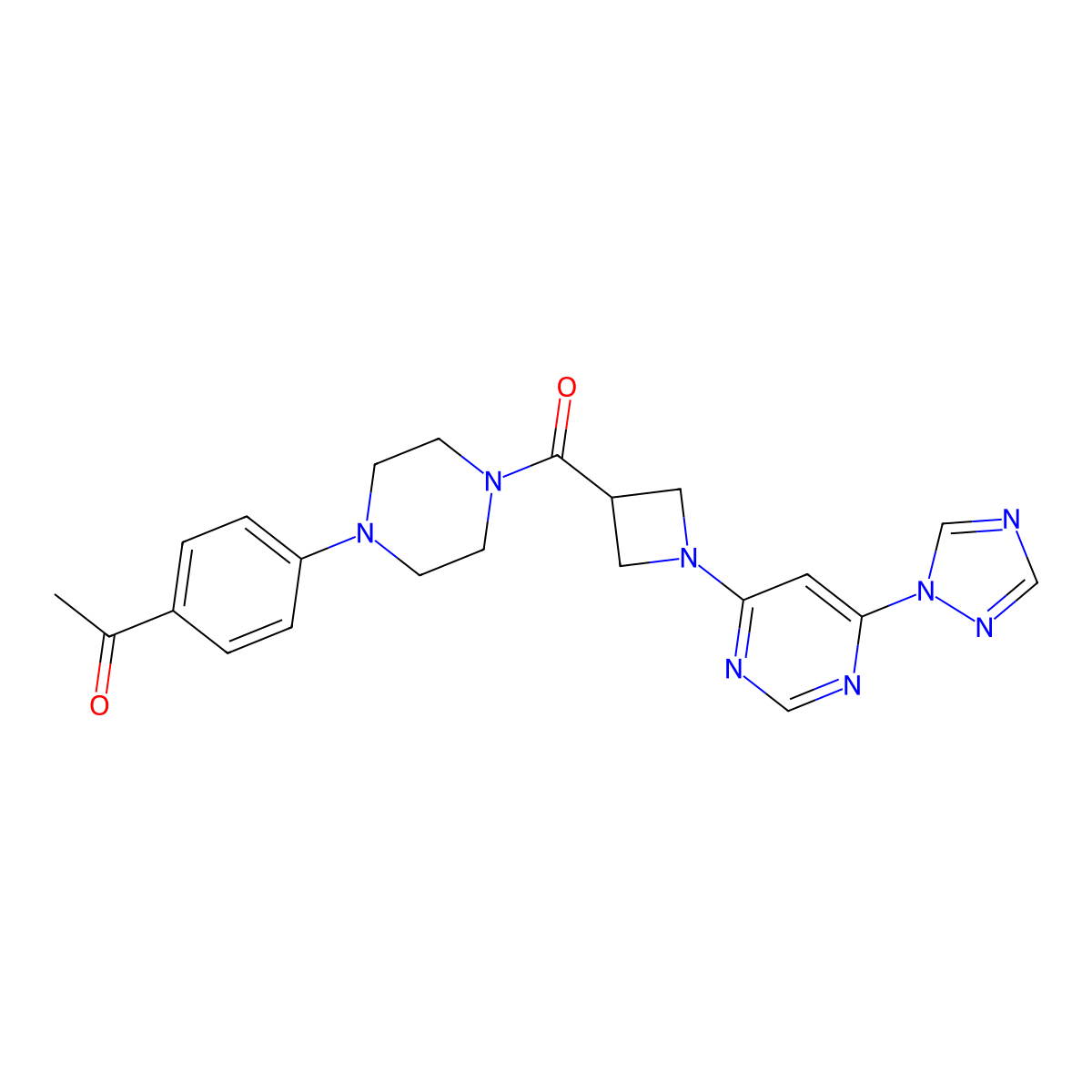 1-(4-(4-(1-(6-(1H-1,2,4-triazol-1-yl)pyrimidin-4-yl)azetidine-3-carbonyl)piperazin-1-yl)phenyl)ethanone molecular structure, CAS 2034280-13-0