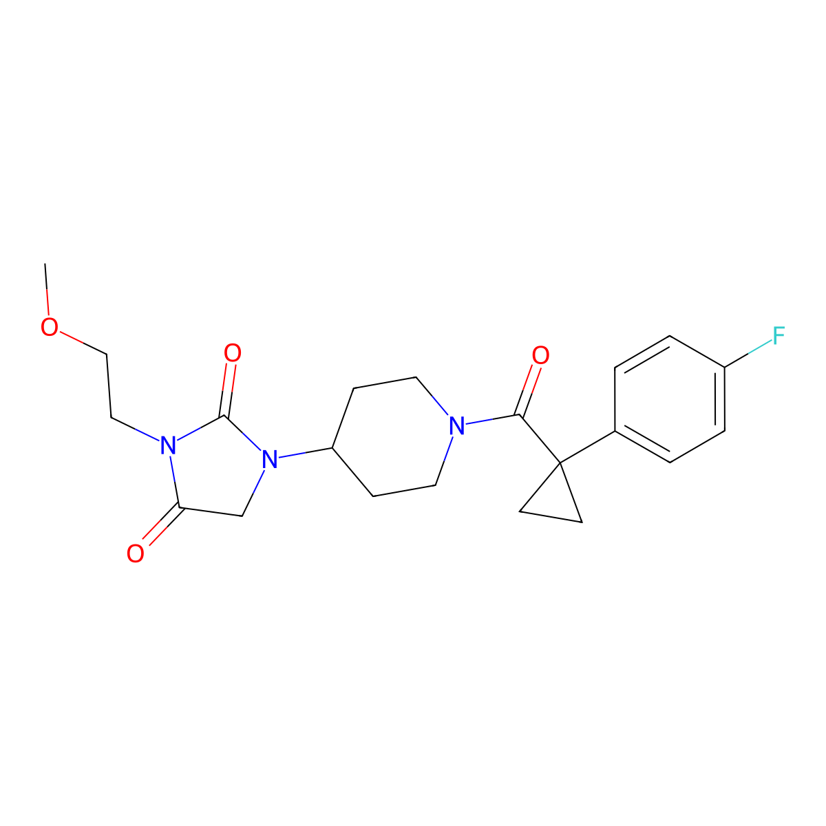 1-(1-(1-(4-Fluorophenyl)cyclopropanecarbonyl)piperidin-4-yl)-3-(2-methoxyethyl)imidazolidine-2,4-dione molecular structure, CAS 2034280-17-4