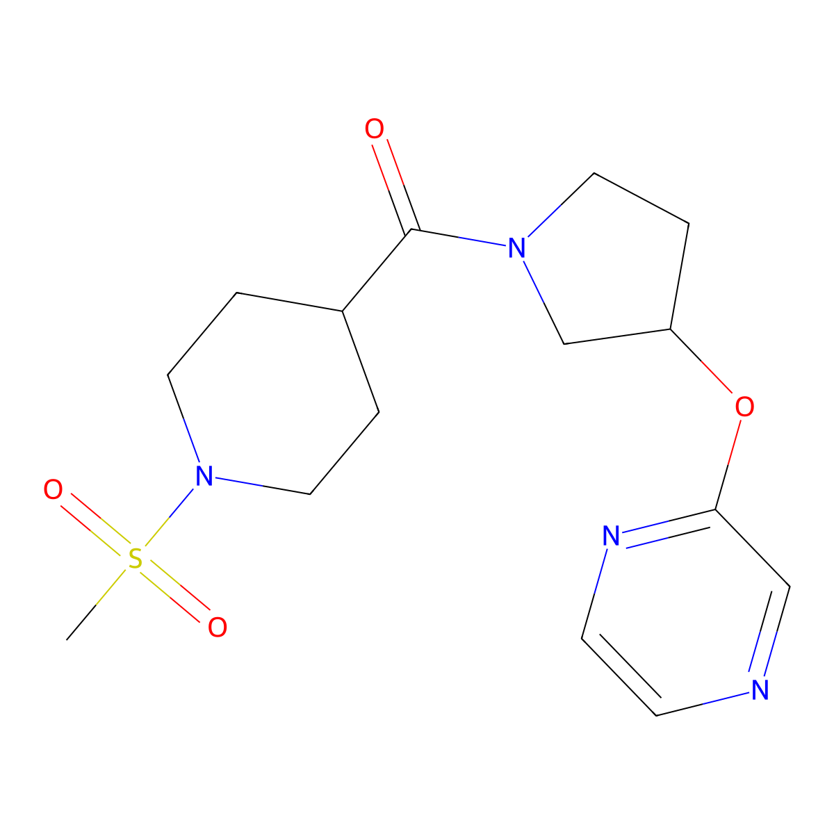 (1-(Methylsulfonyl)piperidin-4-yl)(3-(pyrazin-2-yloxy)pyrrolidin-1-yl)methanone molecular structure, CAS 2034280-18-5
