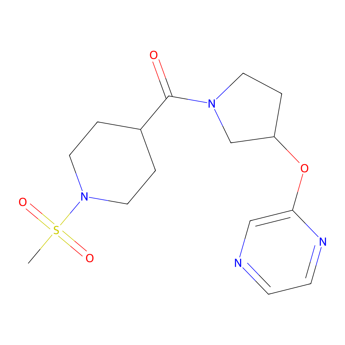 (1-(Methylsulfonyl)piperidin-4-yl)(3-(pyrazin-2-yloxy)pyrrolidin-1-yl)methanone molecular structure, CAS 2034280-18-5